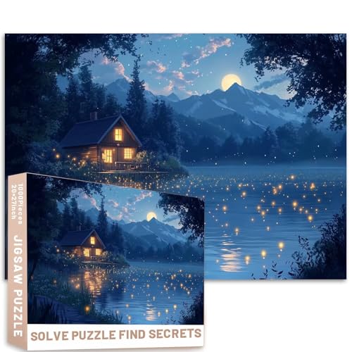 1000 Teile Mondschein Waldhütte Puzzle Glühwürmchen Berg Hintergrund 50 x 70 cm, ruhige Nachtszene, bunte DIY-Puzzles für Heimdekoration, Geschenke, Familienpuzzle, perfekt für Spielabende von Generic