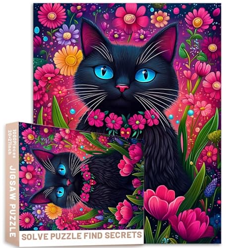 1000 Teile Puzzle Folk Art Schwarze Katze Blaue Augen Magenta Tulpen Lebendiger Blumenhintergrund 27x20 Zoll 50x70cm von Generic