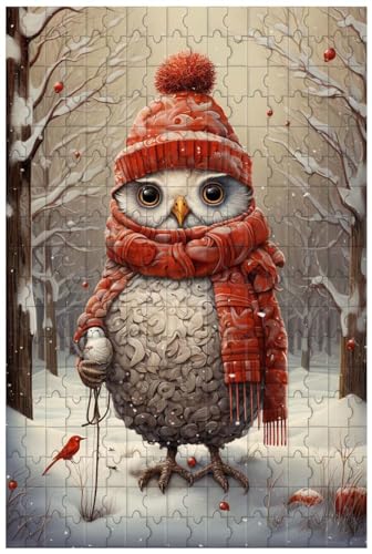 1000 Teile Puzzle für Erwachsene, Holzpuzzle, für Eule mit langem Schal und roter Wintermütze, die im Schnee des Waldes Steht, Vogelpuzzle (A ; 500) von Generic