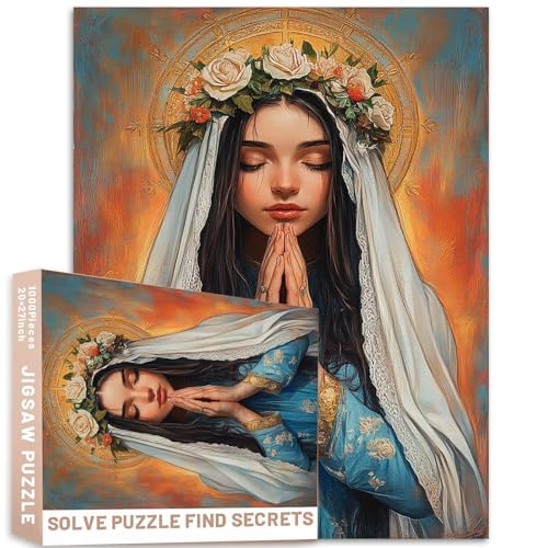 1000 Teile Puzzle mit floralem Kopfschmuck für Damen, blaues Kleid, goldener Heiligenschein, bunter Hintergrund, religiöse Kunst, 50 x 70 cm, anspruchsvolle Familienaktivitäten, Spiele, bunt von Generic