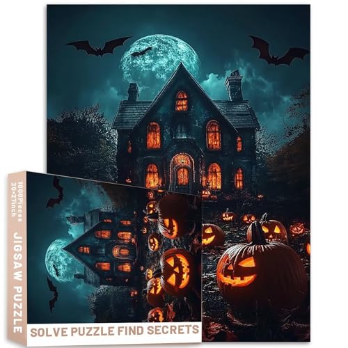 1000 Teile Spukhaus Kürbis Fledermaus Puzzle 68,6 x 50,8 cm Halloween Mondschein Kunst herausfordernde Familienaktivitätsspiele buntes DIY Handwerk Puzzle für Heimdekoration Geschenke von Generic