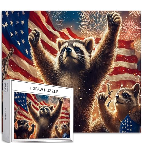 1000 Teile Tier-Einheit, Adler, Waschbär, Eichhörnchen, Puzzle, Feuerwerk, Flagge, 68,6 x 50,8 cm, patriotische Szene, herausfordernde Familienaktivitätsspiele, buntes DIY-Bastelpuzzle für 1000 Teile Tier-Einheit, Adler, Waschbär, Eichhörnchen, Puzzle, Feuerwerk, Flagge, 68,6 x 50,8 cm, patriotische Szene, herausfordernde Familienaktivitätsspiele, buntes DIY-Bastelpuzzle für von Generic