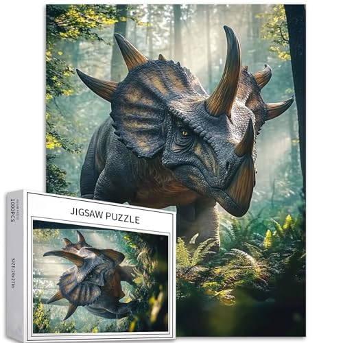 1000 Teile Triceratops Puzzle Majestätischer Dinosaurier in einem nebligen Wald, klassischer Kinofilm, Puzzle für Erwachsene, 68 x 50 cm, herausfordernde Familienaktivitätsspiele von Generic