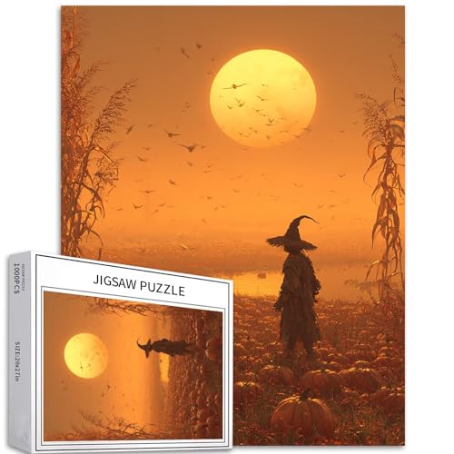 1000 Teile Vogelscheuche auf dem Kürbis Puzzle für Erwachsene Halloween Atmosphäre Familienaktivitätsspiele Bunte Puzzle für Wohnkultur Geschenke 50x70cm von Generic