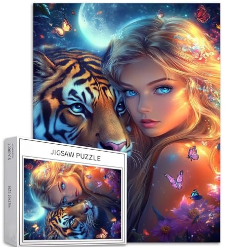 1000 Teile schönes Mädchen, das neben Tiger steht, Puzzles für Erwachsene, anspruchsvolle Familienaktivitäten, buntes DIY-Bastelpuzzle für Heimdekoration, Geschenke, 68 x 50 cm 1000 Teile schönes Mädchen, das neben Tiger steht, Puzzles für Erwachsene, anspruchsvolle Familienaktivitäten, buntes DIY-Bastelpuzzle für Heimdekoration, Geschenke, 68 x 50 cm von Generic