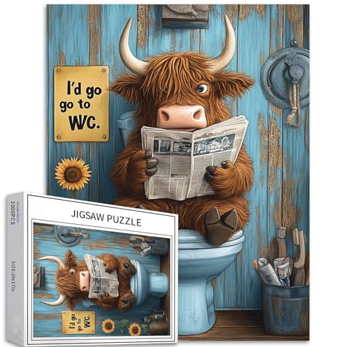 1000 Teile schottische Hochlandkuh sitzend auf Toilettensitz und Zeitung lesen, Puzzles für Erwachsene, 50 × 70 cm, bunte DIY-Puzzles für Heimdekoration, Geschenke, Familienpuzzle, perfekt für 1000 Teile schottische Hochlandkuh sitzend auf Toilettensitz und Zeitung lesen, Puzzles für Erwachsene, 50 × 70 cm, bunte DIY-Puzzles für Heimdekoration, Geschenke, Familienpuzzle, perfekt für von Generic