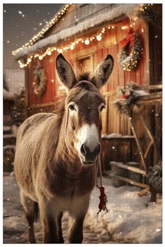 1000-teilige Holzpuzzles, für Erwachsene, Frohe Weihnachten im Winter, Weihnachtsdekoration auf dem Bauernhof, Tier Esel (B ; 1000) von Generic