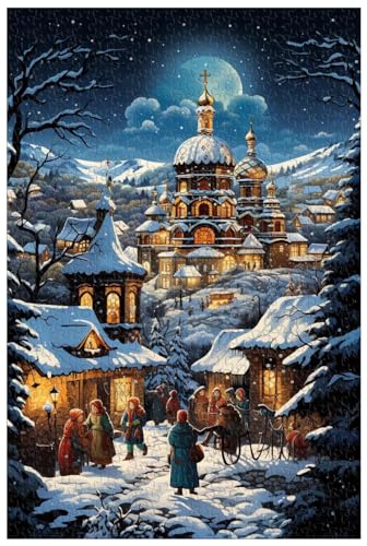 1000-teilige Holzpuzzles, für Erwachsene, russische Winterweihnachten, schneebedeckte orthodoxe Kirche, Dorfbewohner feiern Weihnachten (C ; 1000) von Generic