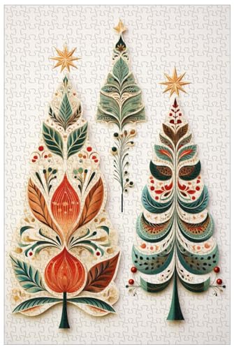 1000-teilige Holzpuzzles für Erwachsene, 4 weihnachtlich geschmückte Bäume, Weihnachtspuzzle, Aquarell-Weihnachtsdekorationsmalerei (B ; 500) von Generic