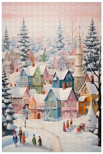 1000-teilige Holzpuzzles für Erwachsene, Bunte Weihnachtsdorf-Schneeszene, auf Schlitten spielende Kinder, Neujahrs-Weihnachtspuzzles (B ; 1000) von Generic