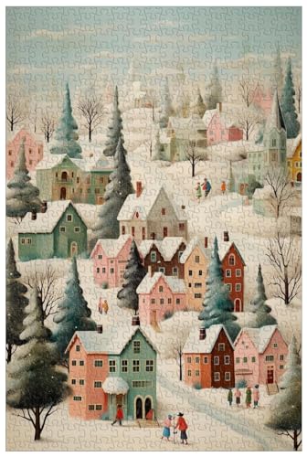 1000-teilige Holzpuzzles für Erwachsene, Bunte Weihnachtsdorf-Schneeszene, auf Schlitten spielende Kinder, Neujahrs-Weihnachtspuzzles (C ; 1000) von Generic