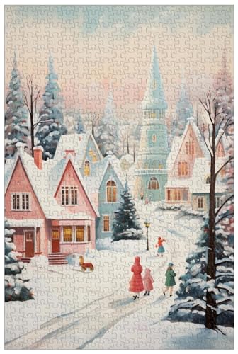 1000-teilige Holzpuzzles für Erwachsene, Bunte Weihnachtsdorf-Schneeszene, auf Schlitten spielende Kinder, Neujahrs-Weihnachtspuzzles (D ; 1000) von Generic
