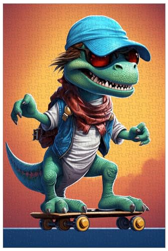 1000-teilige Holzpuzzles für Erwachsene, Cartoon-Dinosaurier, Tyrannosaurus Rex auf einem Skateboard, kreatives Tierpuzzle (A ; 500) von Generic