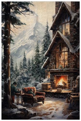 1000-teilige Holzpuzzles für Erwachsene, Hütte in den verschneiten Bergen (2), Aquarellmalerei Einer winterlichen Schneelandschaft (B ; 500) von Generic