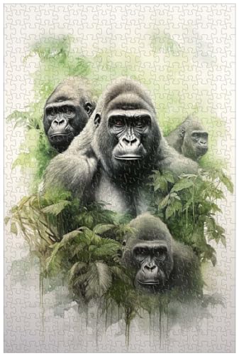 1000-teilige Holzpuzzles für Erwachsene, Mächtige Gorillas im Dschungel, Tierpuzzles, Aquarellgemälde (A ; 1000) von Generic