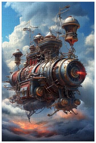 1000-teilige Holzpuzzles für Erwachsene, Steampunk-Luftschiffschlacht in den Wolken, Science-Fiction-Puzzle (D ; 500) von Generic