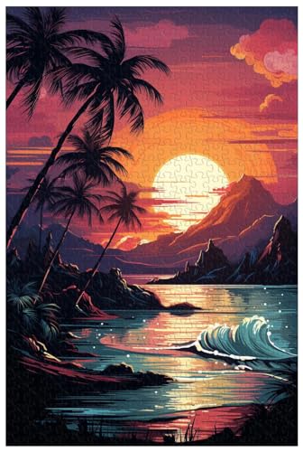 1000-teilige Holzpuzzles für Erwachsene, Strand bei Sonnenuntergang, Palmen, Tropische Retro-Landschaft, Sonnenuntergangspuzzle (B ; 500) von Generic