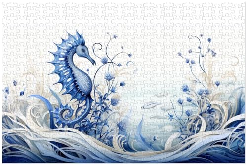1000-teilige Holzpuzzles für Erwachsene, Strandpflanzen und Seepferdchen, Blaue Fantasie-Unterwasserwelt (C ; 500) von Generic