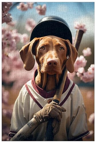 1000-teilige Holzpuzzles für Erwachsene, Tierhundepuzzle, Vizsla mit Baseballschläger, Trikot und Helm auf dem Spielfeld (D ; 1000) von Generic