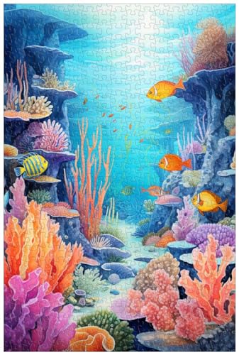 1000-teilige Holzpuzzles für Erwachsene, Unterwasserwelt, Bunte Korallenriffe und Meereslebewesen, Ozeanpuzzles, Aquarellstil (A ; 500) von Generic