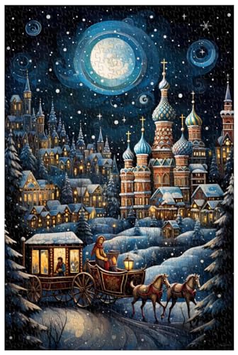 1000-teilige Holzpuzzles für Erwachsene, Weihnachtsfahrt auf dem Troika-Schlitten, russischer Kuppelbaustil (B ; 1000) von Generic