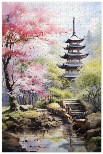 1000-teilige Holzpuzzles für Erwachsene, friedlicher japanischer Garten, blühende Kirschblüten, Aquarell-Landschaftsmalerei (C ; 500) von Generic