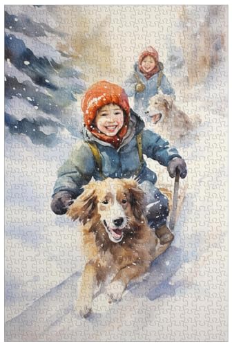1000-teilige Holzpuzzles für Erwachsene, fröhliche Kinder und Hunde, die gemeinsam im Schnee Schlitten Fahren, Winterlandschaft im Aquarellstil (A ; 500) von Generic