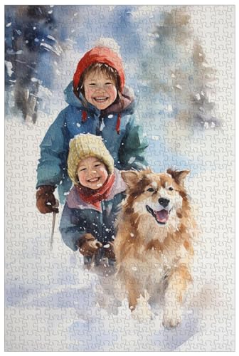 1000-teilige Holzpuzzles für Erwachsene, fröhliche Kinder und Hunde, die gemeinsam im Schnee Schlitten Fahren, Winterlandschaft im Aquarellstil (B ; 1000) von Generic