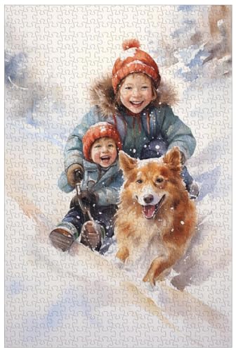 1000-teilige Holzpuzzles für Erwachsene, fröhliche Kinder und Hunde, die gemeinsam im Schnee Schlitten Fahren, Winterlandschaft im Aquarellstil (C ; 1000) von Generic