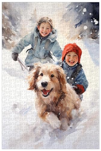1000-teilige Holzpuzzles für Erwachsene, fröhliche Kinder und Hunde, die gemeinsam im Schnee Schlitten Fahren, Winterlandschaft im Aquarellstil (D ; 1000) von Generic