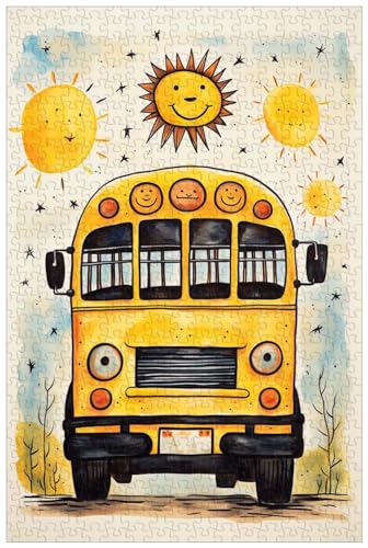 1000-teilige Holzpuzzles für Erwachsene, gelber Schulbus, lächelnder Fahrer und Schüler (G ; 500) von Generic