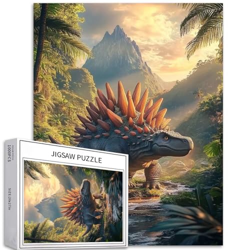 1000-teiliges Dinosaurier-Puzzle Stegosaurus in einem üppigen Dschungel, umgeben von Bergen und Flüssen, lebendiges Cartoon-Stil-Puzzle für Erwachsene, 68 x 50 cm, herausfordernde von Generic
