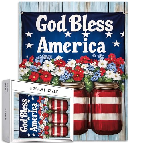 1000-teiliges Einmachglas-Blumenflaggen-Puzzle "God Bless America" aus Holz, 50 x 70 cm, herausfordernde Familienaktivitäten, buntes Bastelpuzzle für Heimdekoration, Geschenke 1000-teiliges Einmachglas-Blumenflaggen-Puzzle "God Bless America" aus Holz, 50 x 70 cm, herausfordernde Familienaktivitäten, buntes Bastelpuzzle für Heimdekoration, Geschenke von Generic
