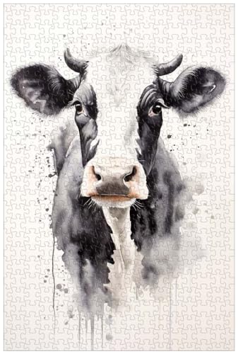 1000-teiliges Holzpuzzle für Erwachsene, Bauernhoftier-Puzzle, majestätische Holstein-Kuh, Aquarellmalerei (D ; 500) von Generic