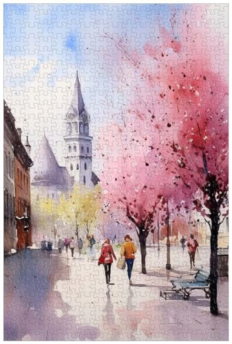 1000-teiliges Holzpuzzle für Erwachsene, EIN mittelalterlicher Platz mit sonnigen und blühenden Blumen, Aquarellmalerei, Stadtbild-Puzzle (C ; 500) von Generic
