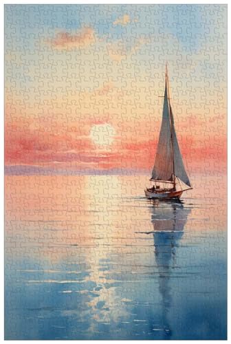 1000-teiliges Holzpuzzle für Erwachsene, Segelboot segelt bei Sonnenuntergang auf dem Meer, Puzzle mit Meerblick (A ; 1000) von Generic