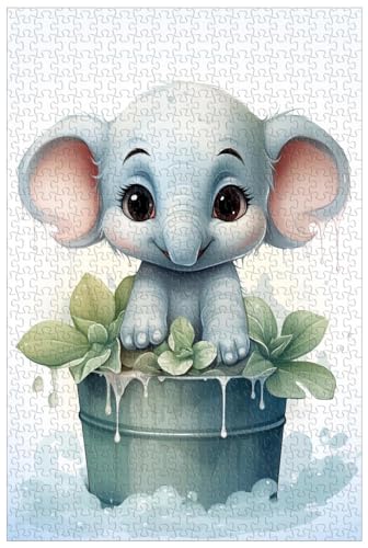 1000-teiliges Holzpuzzle für Erwachsene, niedliches Aquarell-Cartoon-Tierpuzzle, Elefantenbaby im Eimer (A ; 1000) von Generic