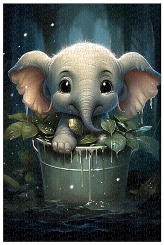 1000-teiliges Holzpuzzle für Erwachsene, niedliches Aquarell-Cartoon-Tierpuzzle, Elefantenbaby im Eimer (B ; 1000) von Generic