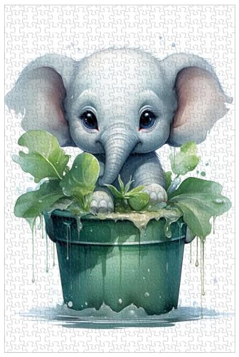 1000-teiliges Holzpuzzle für Erwachsene, niedliches Aquarell-Cartoon-Tierpuzzle, Elefantenbaby im Eimer (C ; 1000) von Generic