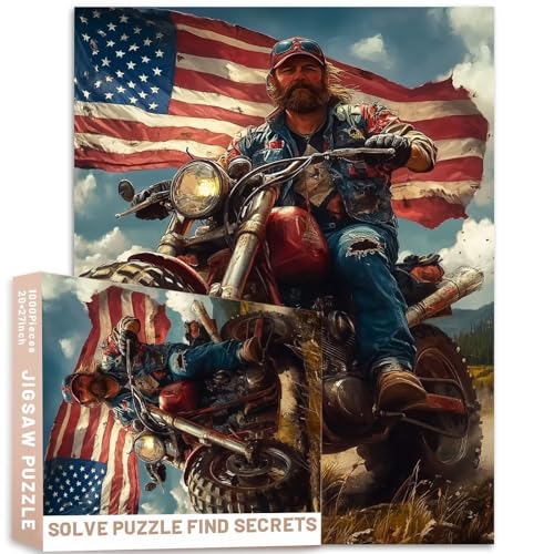 1000-teiliges Motorrad-Puzzle, Abenteuer, Kunst-Stil, Offroad-Fahrer mit amerikanischer Flagge, anspruchsvolles Design, 68 x 50 cm, 50 x 70 cm, hell, 8 K, glatt, hohe Detail, hyper Qualität, hohe 1000-teiliges Motorrad-Puzzle, Abenteuer, Kunst-Stil, Offroad-Fahrer mit amerikanischer Flagge, anspruchsvolles Design, 68 x 50 cm, 50 x 70 cm, hell, 8 K, glatt, hohe Detail, hyper Qualität, hohe von Generic