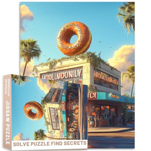 1000-teiliges Puzzle, Donut-Shop mit Donut auf Palmen, 50 x 70 cm, herausfordernde Familien-Aktivitätsspiele, buntes Bastelpuzzle für Heimdekoration, Geschenke 1000-teiliges Puzzle, Donut-Shop mit Donut auf Palmen, 50 x 70 cm, herausfordernde Familien-Aktivitätsspiele, buntes Bastelpuzzle für Heimdekoration, Geschenke von Generic