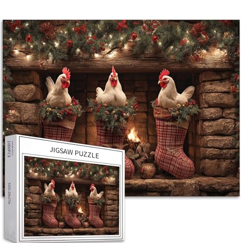1000-teiliges Puzzle mit Huhn im Weihnachtsstrumpf für Erwachsene, Kamin-Hintergrund, Puzzle, bunte DIY-Puzzles für Heimdekoration, Geschenke, Familienpuzzle, perfekt für Spieleabende, 70 × 50 cm 1000-teiliges Puzzle mit Huhn im Weihnachtsstrumpf für Erwachsene, Kamin-Hintergrund, Puzzle, bunte DIY-Puzzles für Heimdekoration, Geschenke, Familienpuzzle, perfekt für Spieleabende, 70 × 50 cm von Generic