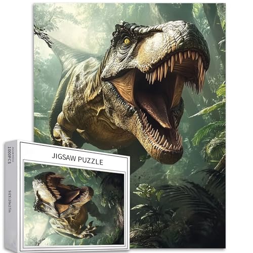 1000-teiliges Tyrannosaurus-Rex-Puzzle, brüllender Dinosaurier in einem üppigen Dschungel, hyperrealistisches Ölgemälde-Puzzle für Erwachsene und Jugendliche, 50 × 70 cm, herausfordernde von Generic