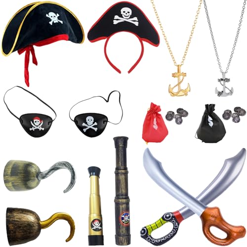 14-teiliges Piratenkostüm-Zubehör-Set für Kinder, Piratenhüte, Augenflicken, Schwerter, Haken, Schatztaschen und Halsketten für Jungen und Mädchen, Halloween, Geburtstagsfeier 14-teiliges Piratenkostüm-Zubehör-Set für Kinder, Piratenhüte, Augenflicken, Schwerter, Haken, Schatztaschen und Halsketten für Jungen und Mädchen, Halloween, Geburtstagsfeier von Generic