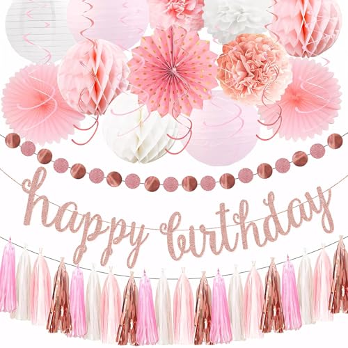 22-teiliges Geburtstagsparty-Dekorationsset in elegantem Roségold mit Laternen, Pompons und Quasten von Generic