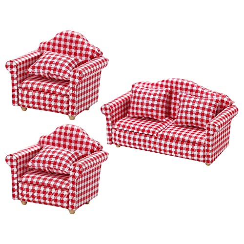 3 Stück Puppenhaus Sofa Couch Möbel Im Maßstab 1:12 Rot Und Weiß mit Kissen von Generic
