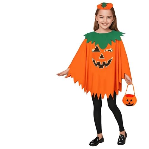 3-teiliges Kürbiskostüm for Damen und Erwachsene, Poncho mit Hut und Süßigkeitentasche, Halloweenkostüm(Children) von Generic