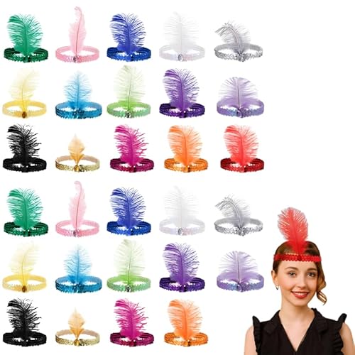 30 Stück 1920er Feder-Stirnbänder für Frauen – Flapper-Accessoires, Vintage-Pailletten und Straußenfeder-Kopfschmuck, Great Gatsby Party & Brautkleid-Dekorationen (je 2 in 15 Farben) von Generic