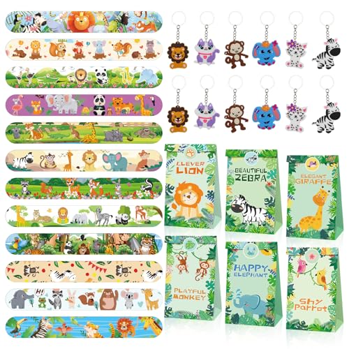 36 Pcs Dschungel Safari Party Mitgebsel Kindergeburtstag,Inklusive 12 Kinder Slap Armbänder,12 Schlüsselanhänger ,12 Geschenktüte für für Kinder Jungen Safari Tiere Deko Waldtiere Themed Party von Generic