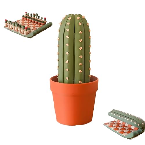 3D-gedrucktes 32-teiliges Kaktus-Schachbrett-Set, tragbares Schachbrett mit Kaktus-Motiven, lustige Schachgeschenke for Pflanzenliebhaber von Generic